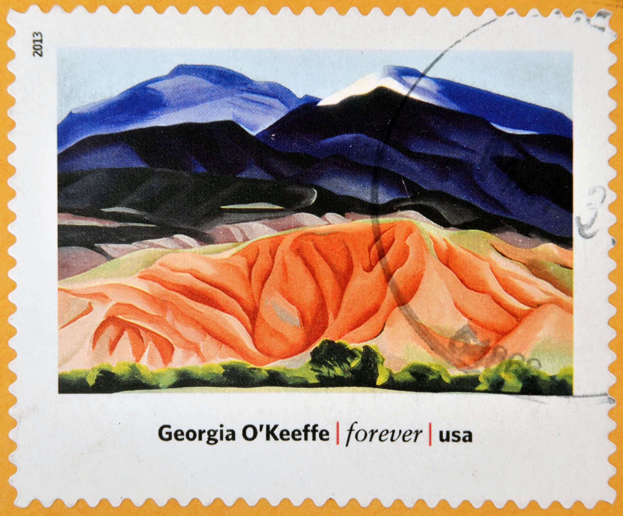 A USA Forever stamp featuring Black Mesa Landscape, New Mexico by Georgia O'Keeffe, circa 2013.