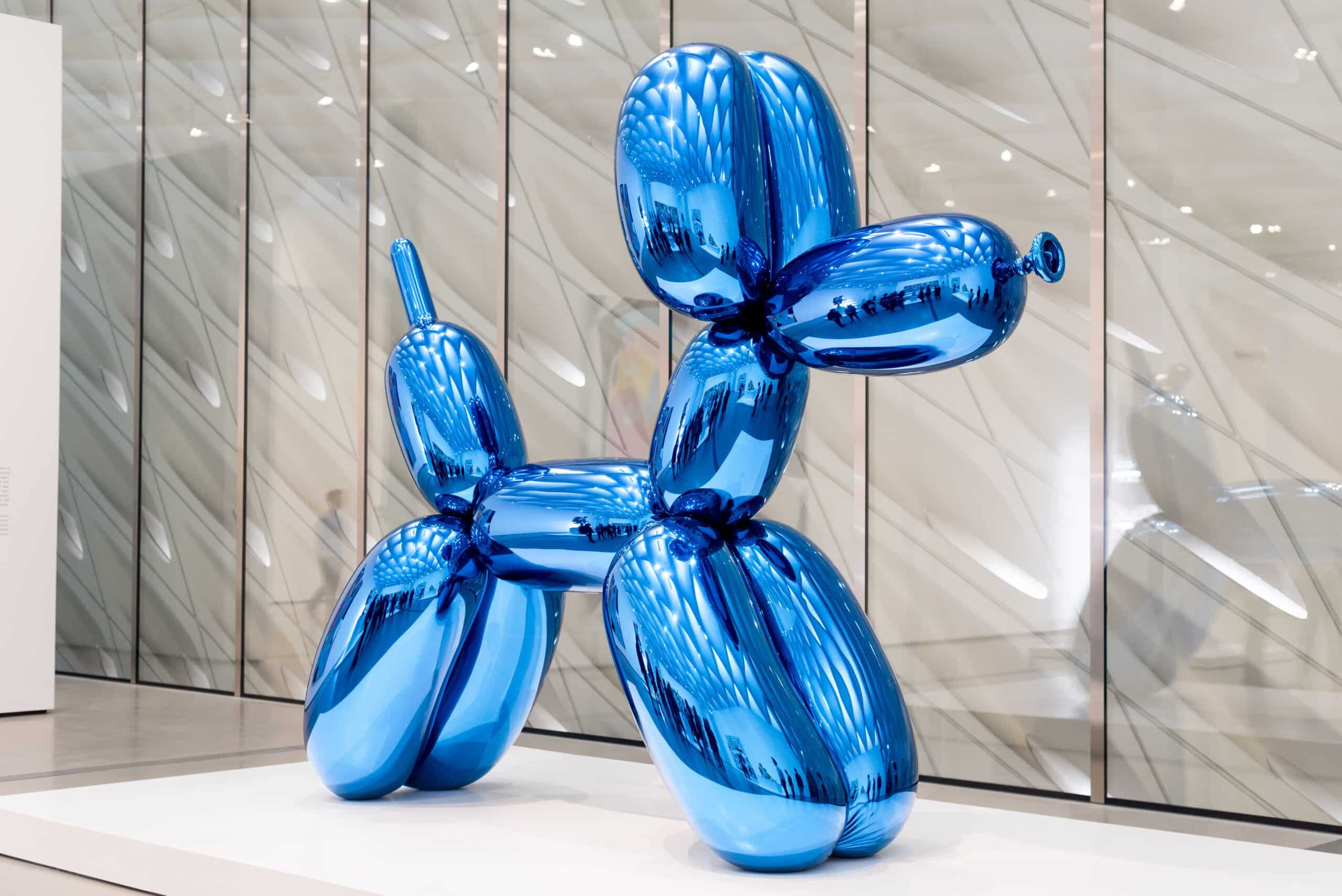 Jeff Koons large blue balloon dog sculpture on display in Los Angeles.