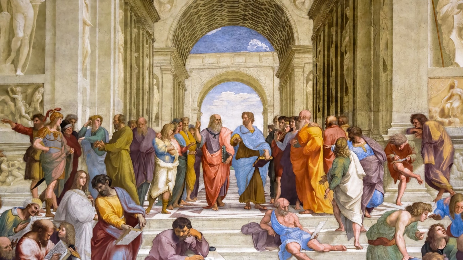 Raphaels famous wall fresco painting The Schoool of Athens in the Vatican.