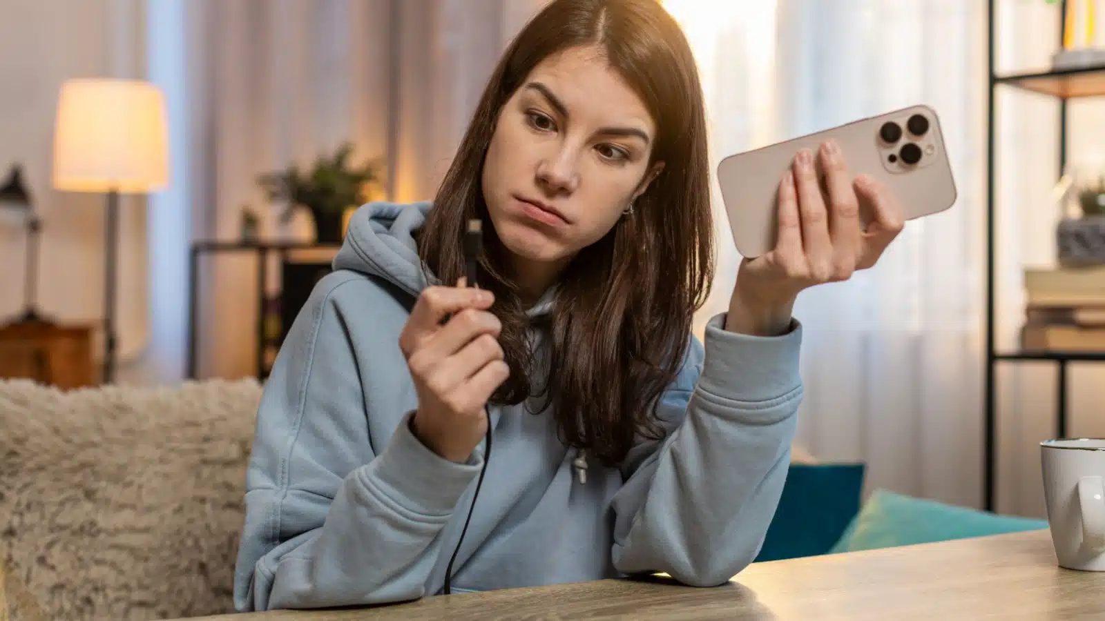 A woman stares angrily at her cell phone charger.