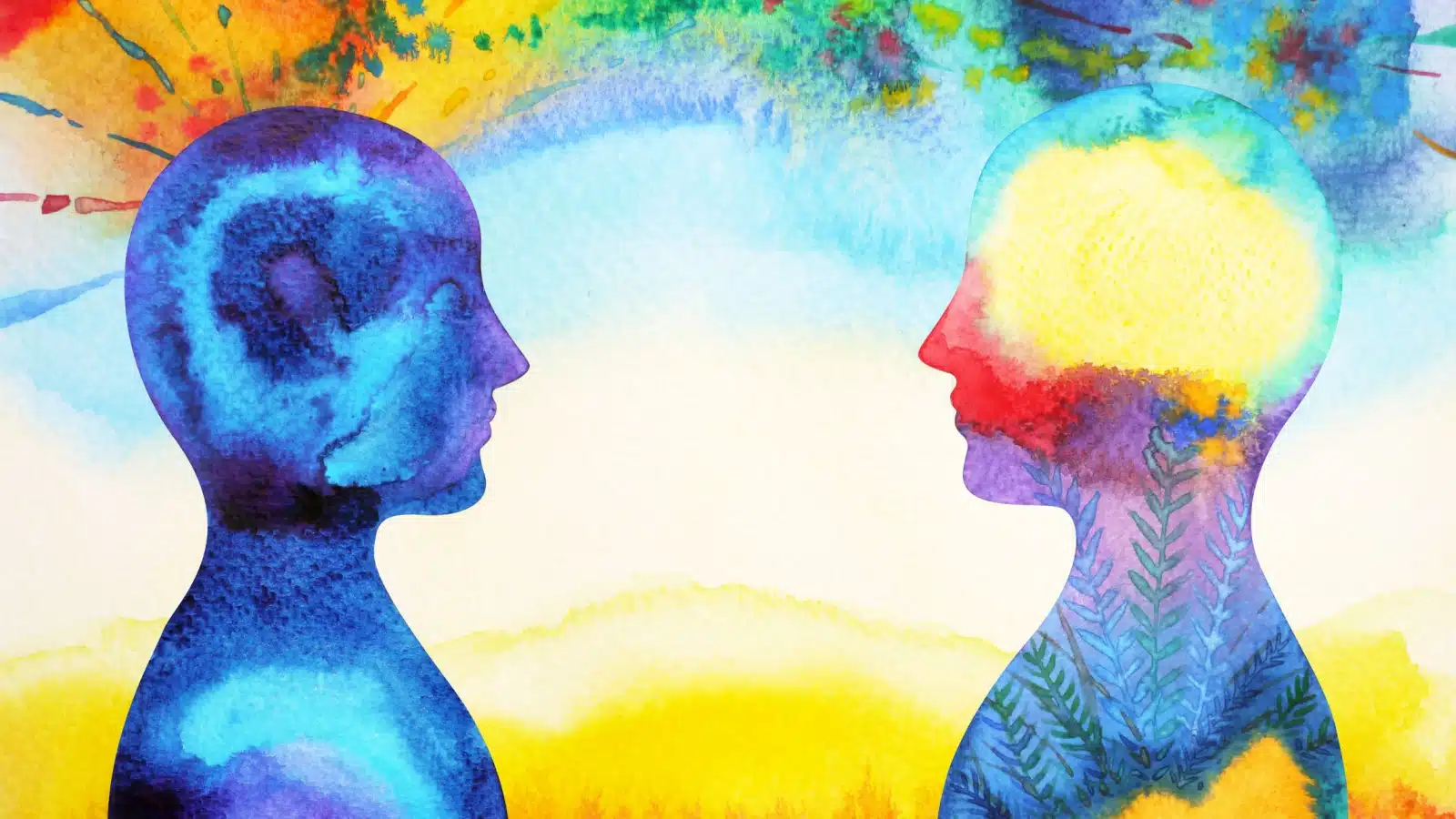 Watercolor style graphic of two people putting different energies into the world.