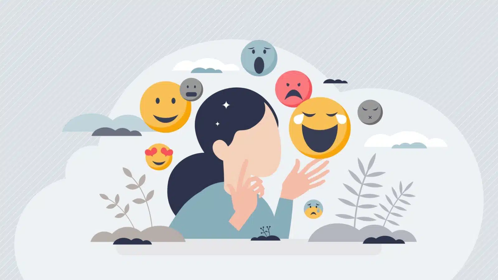 Graphic of a woman surrounded by emoji showing different emotions to highlight how empaths feel the emotions of others.