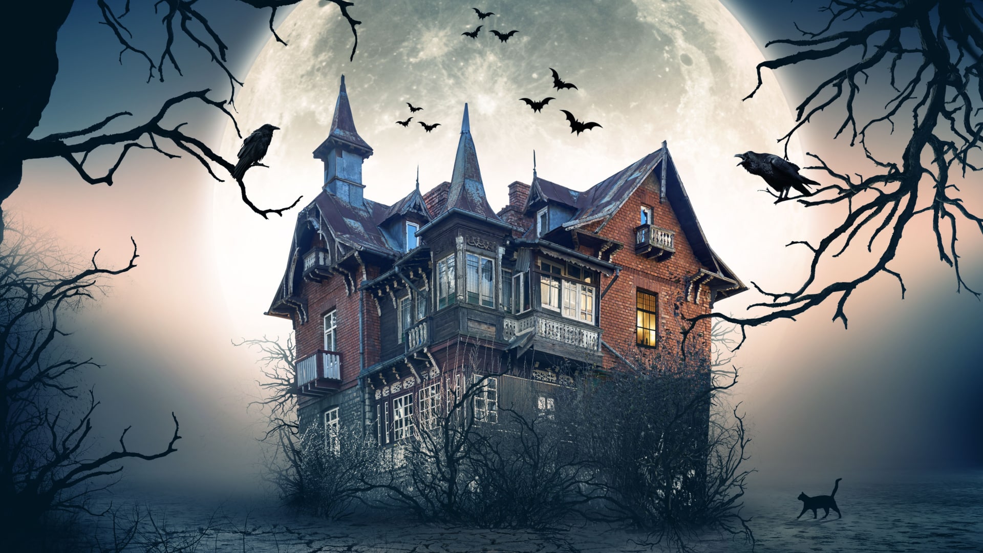 An imaginary haunted house - a huge mansion with a giant full moon behind to represent one of the creepiest fall activities to enjoy