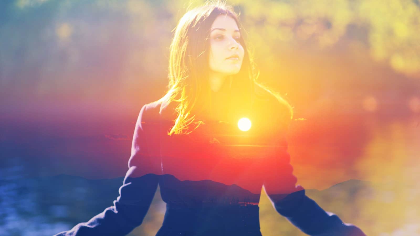 Double exposure of a woman thinking with the sun setting over heart, to represent how to find your passion.