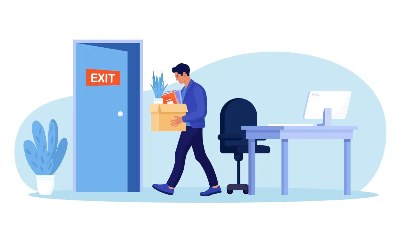 Illustration featuring a sad man heading for the exit with his box of belongings after a layoff.
