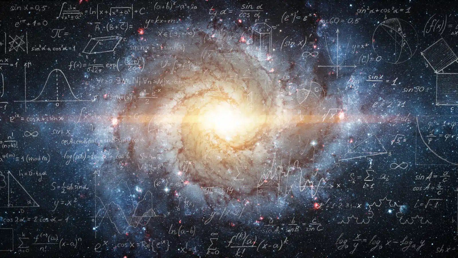 A photo of a galaxy overlaid atop mathematical equations.