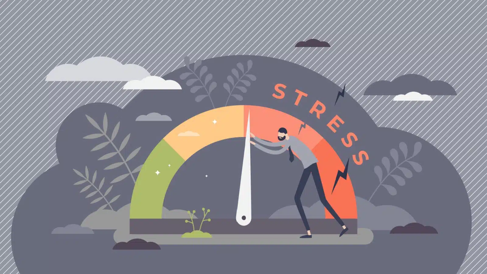 Illustration of a man pushing his stress meter from orange to yellow to reduce stress.