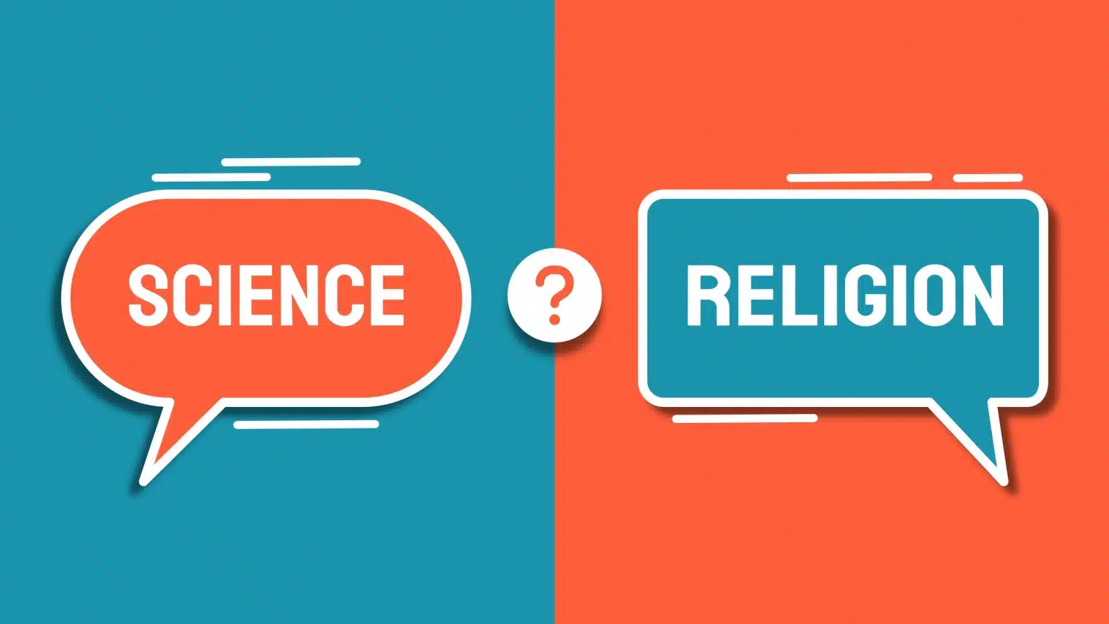 Graphic questioning science vs. religion with thought bubbles featuring the words "science" and "religion" in difference colors with a question mark in between.
