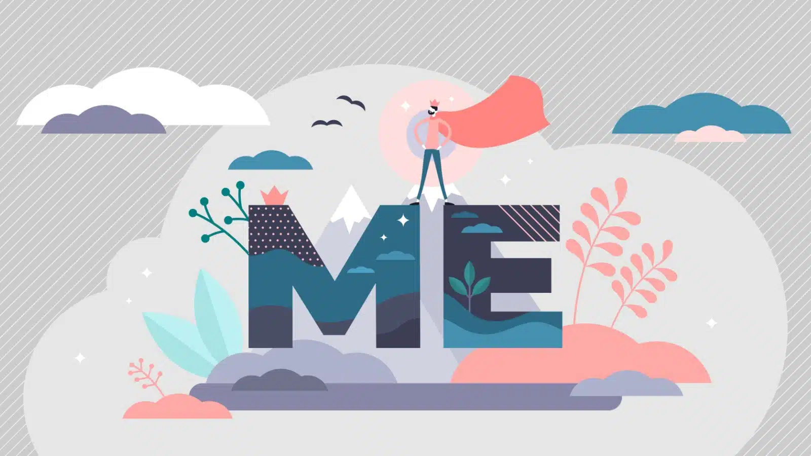 Graphic of a selfish person standing on top of the word "me" wearing a cap.