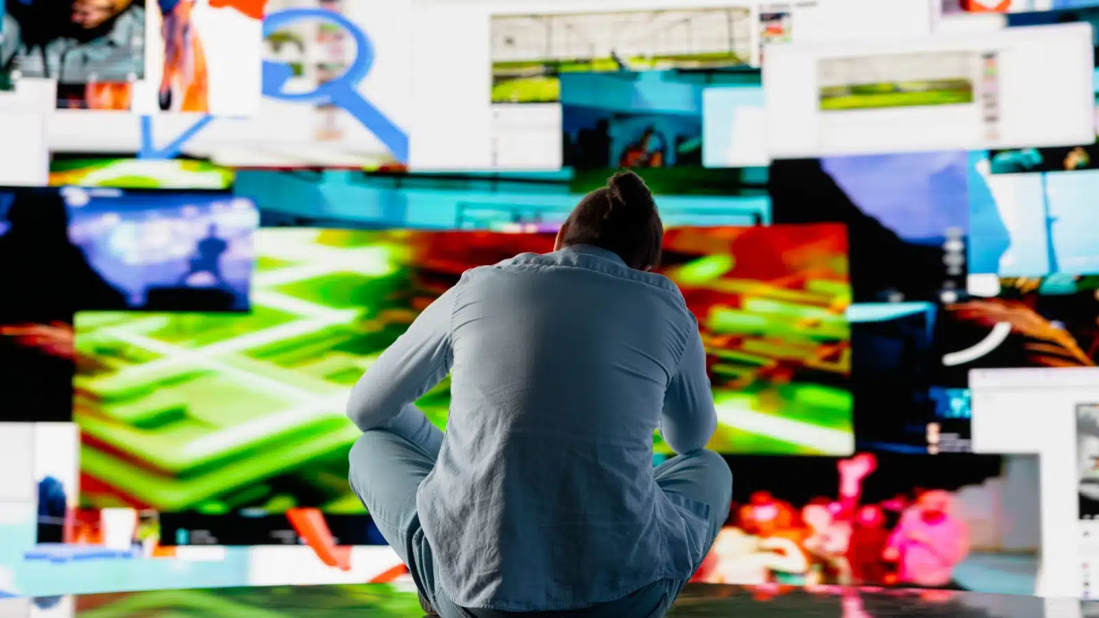 A man sits in front of a screen showing him images from all over the web all at once, to represent things people are obsessed with.