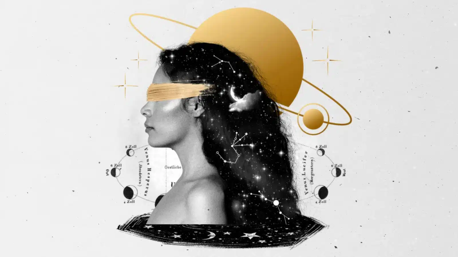 Unsettling illustration of a blindfolded woman with astrology iconography.