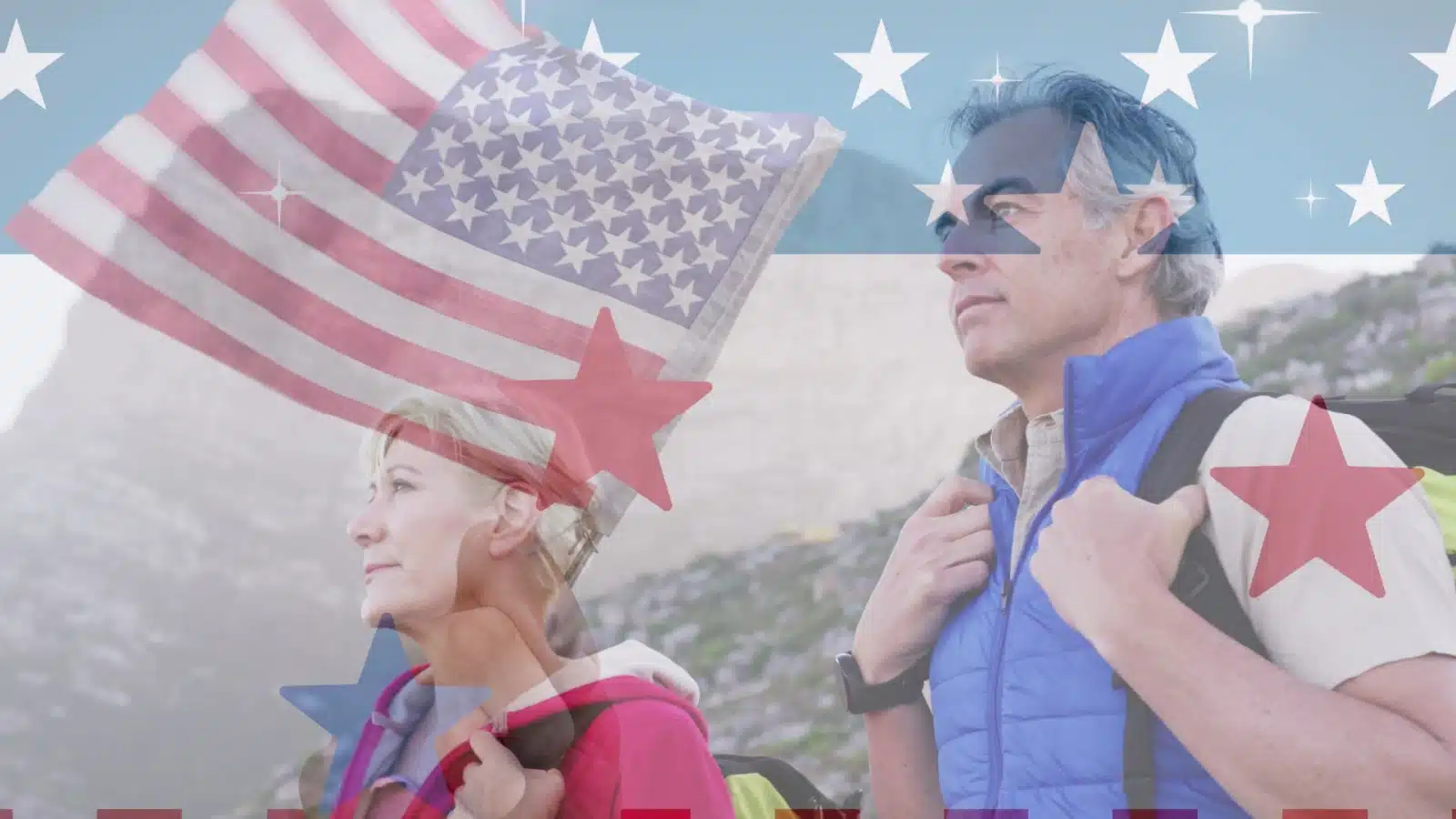 A stoic looking senior couple hiking with an American flag and start & stripes imagery overlayed above them to represent America's outdated traditions.