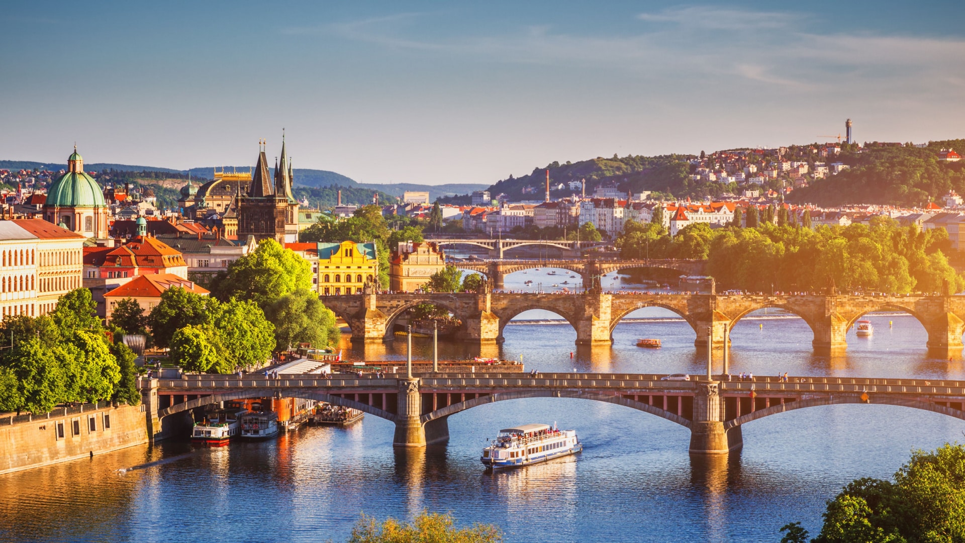 Aerial view of Prague and the bridges from the water