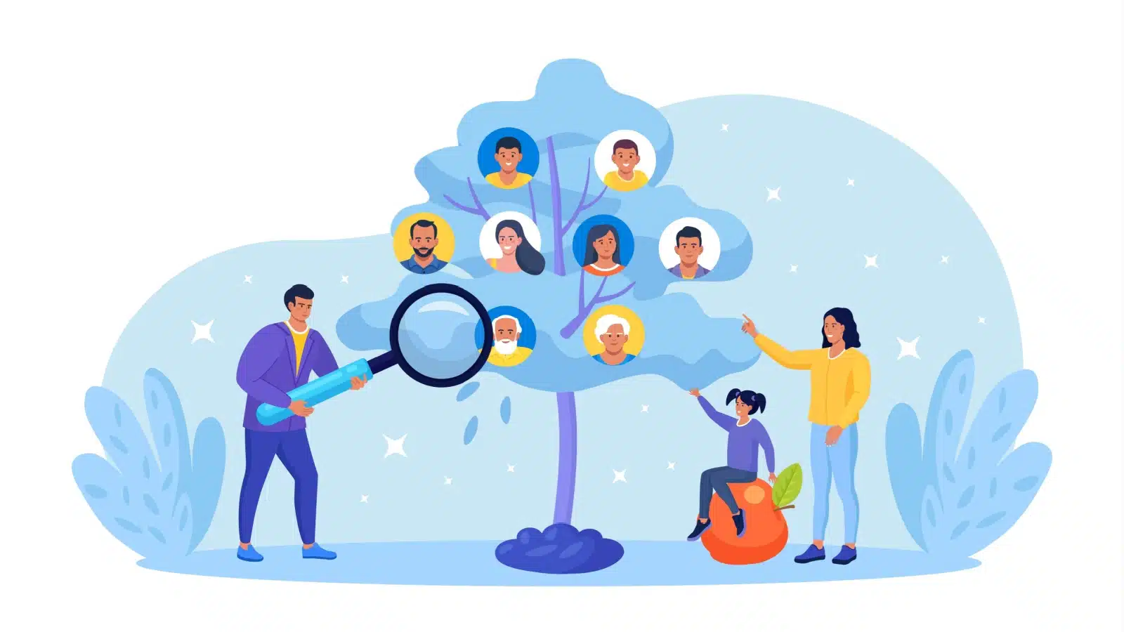 Illustration of a family exploring their family tree.