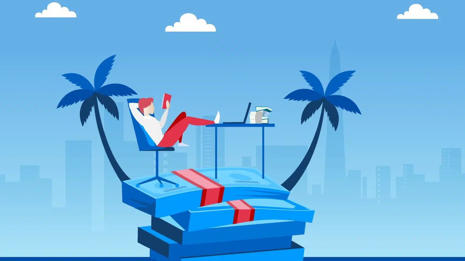 An illustration that represents barista FIRE. A man lounges at his desk with a laptop open, but the man and desk are resting on a giant pile of money with palm trees. He's only working because he wants to.