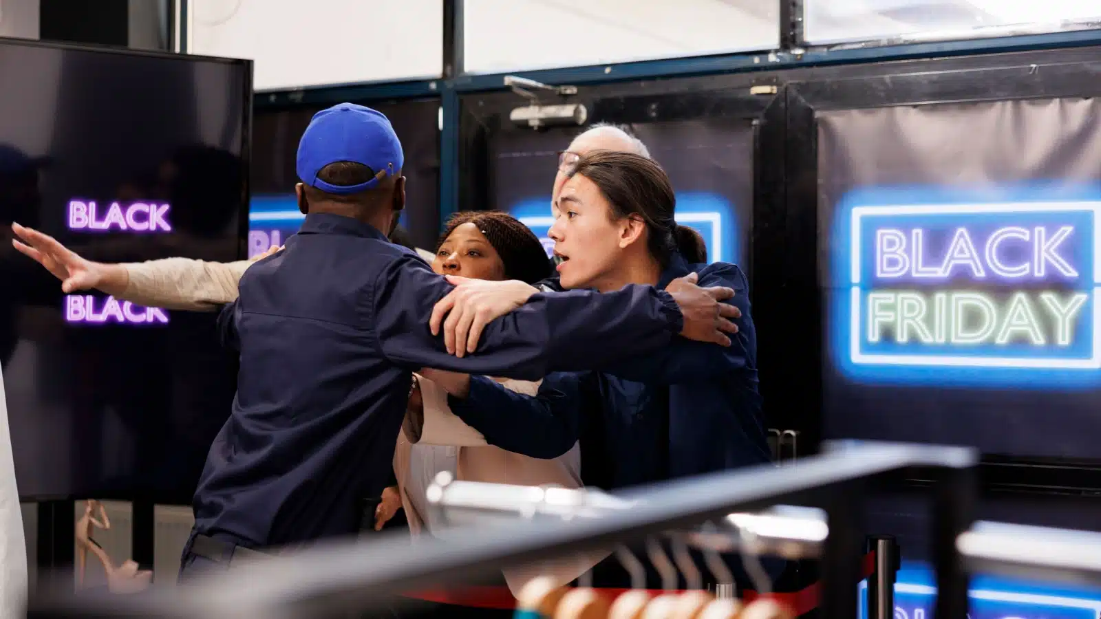 A security guard holds back a group of shoppers on Black Friday, illustrating one of America's outdated traditions.