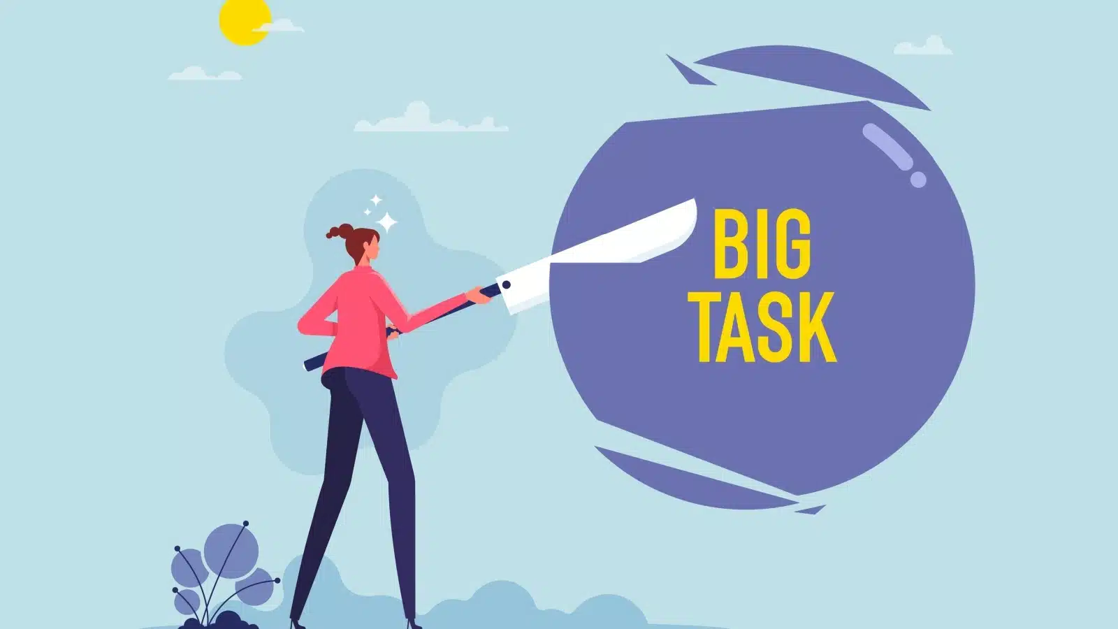 Illustration of a woman breaking a big task into smaller, more manageable chunks.