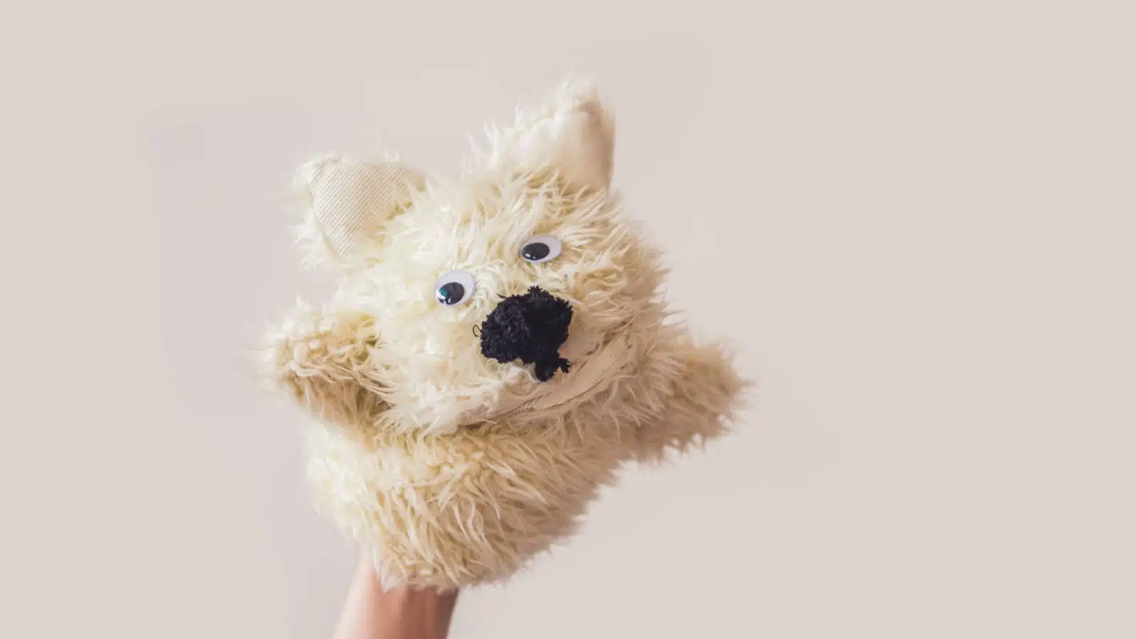 A hand puppet that looks like a dog.