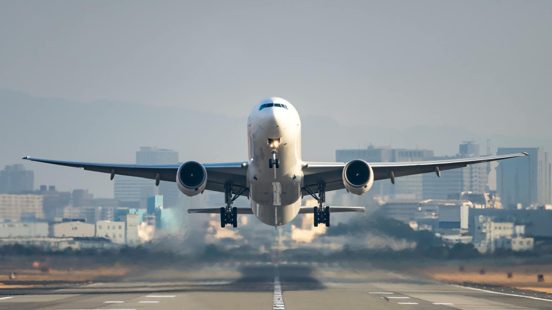 Flight taking off on a runway.