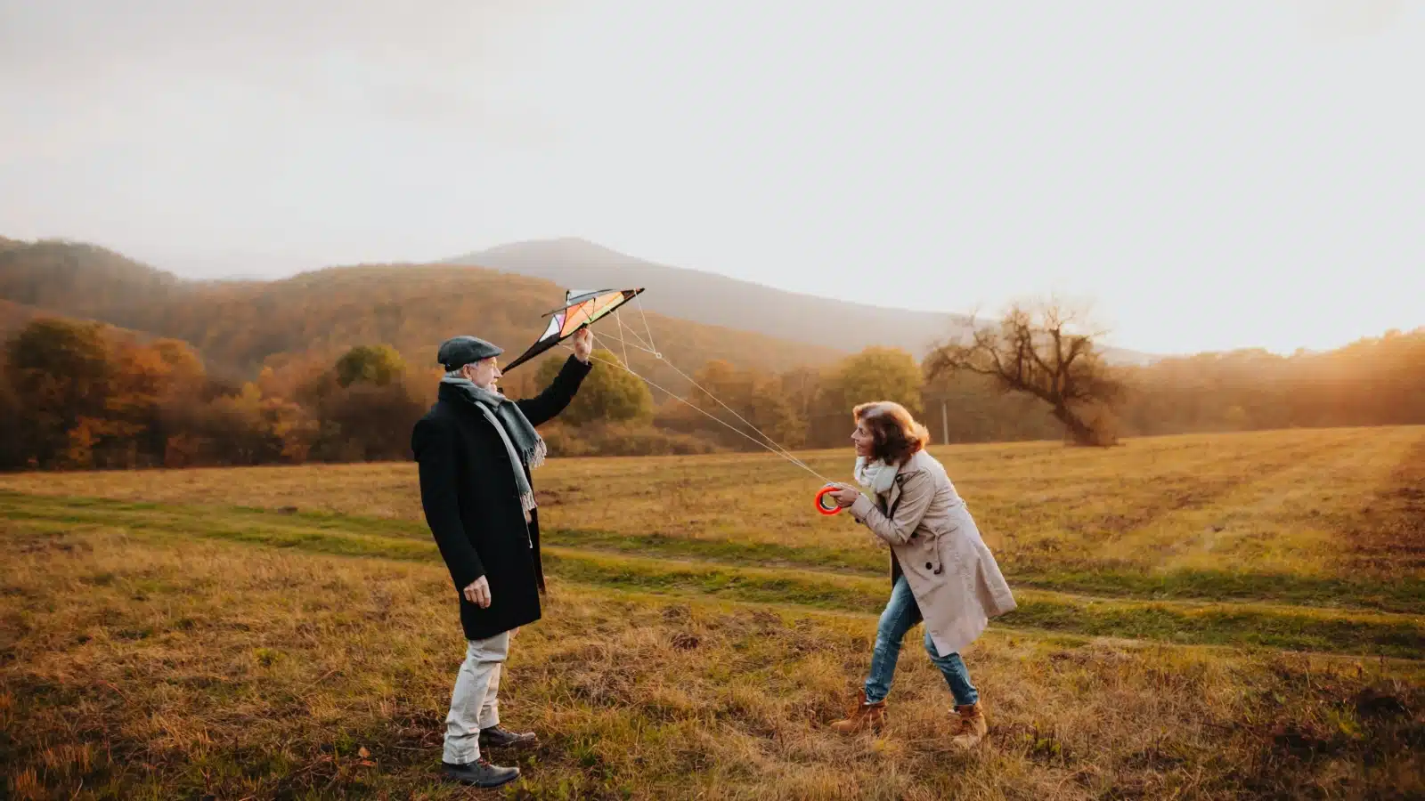 A senior couple flying a kite in a field.