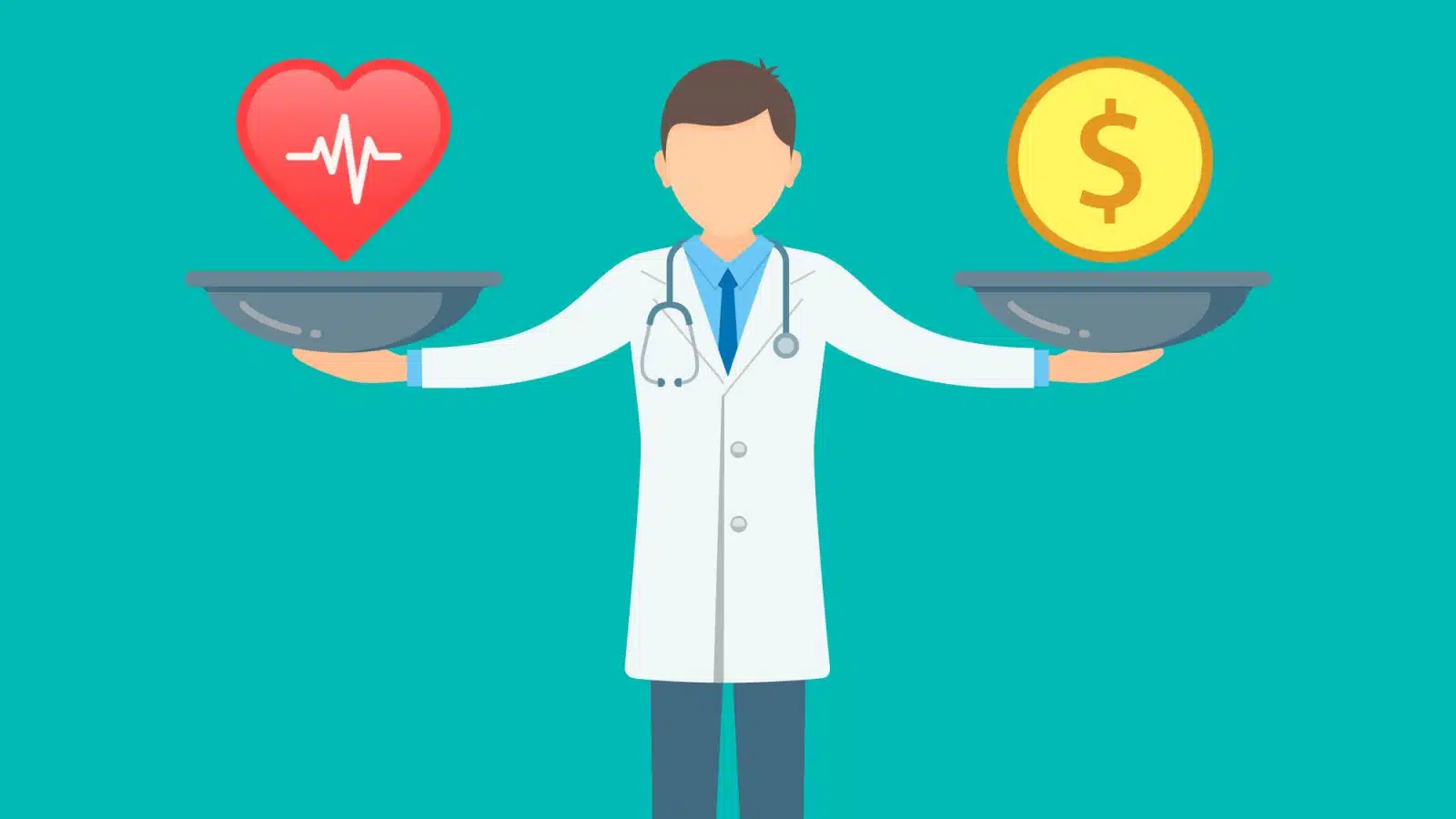An illustration of a doctor balancing money and health represents the for profit healthcare system.