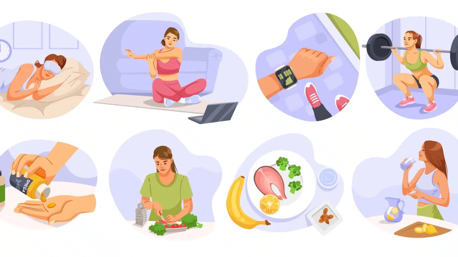 A group of 8 illustrations featuring different healthy lifestyle habits like working out, sleeping, stretching, and eating healthy.