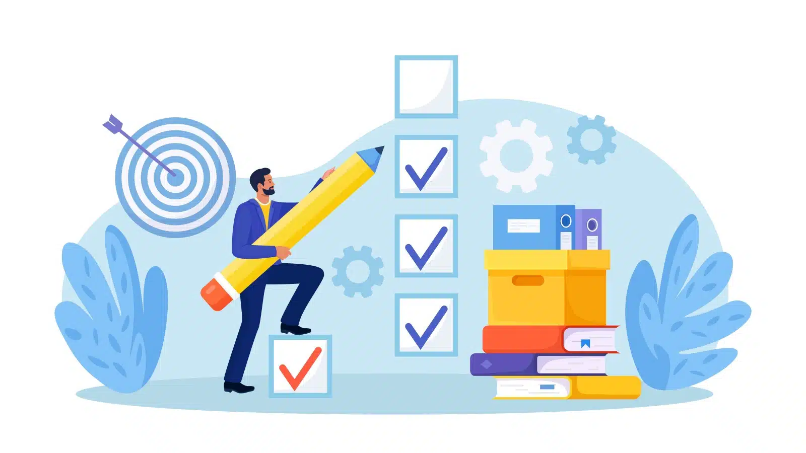 Illustration of a businessman using a giant pencil to mark things off a large to do list. The image represents how to get more done.