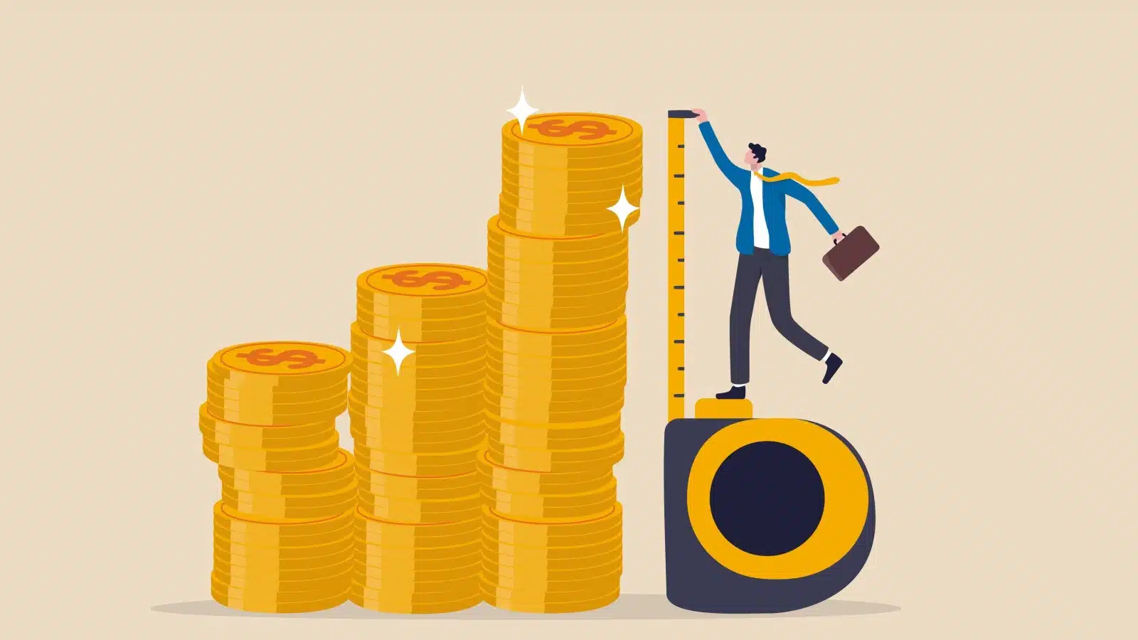 Illustration showing a man using a giant measuring tape to measure his giant stack of coins. The image represents how to measure wealth.
