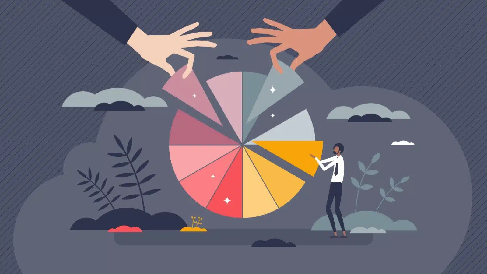 A graphic showcasing how private equity works. A giant pie graph represents part of a company, while hands take slices away from the chart.