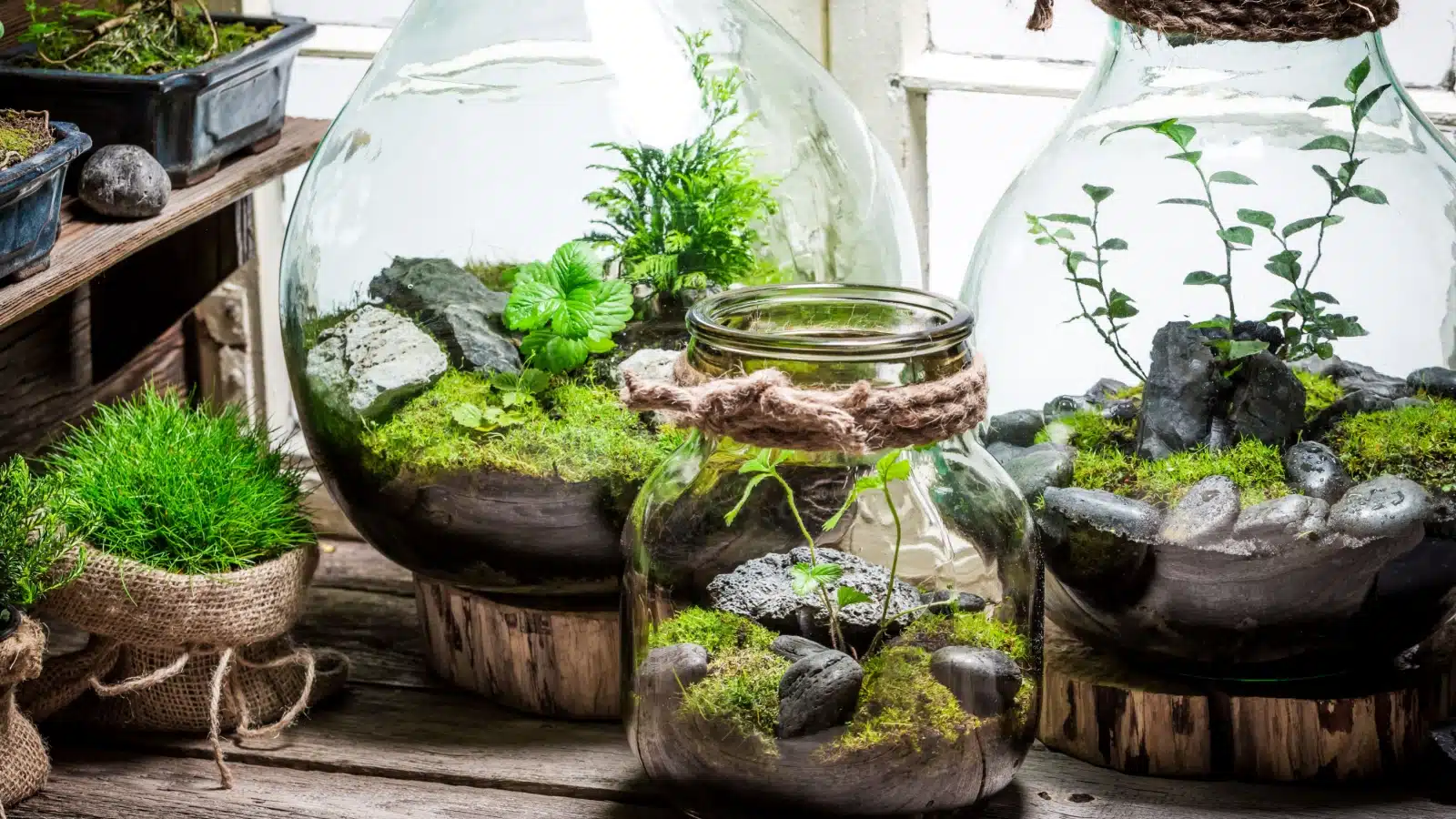 A group of terrariums featuring plants on a shelf.