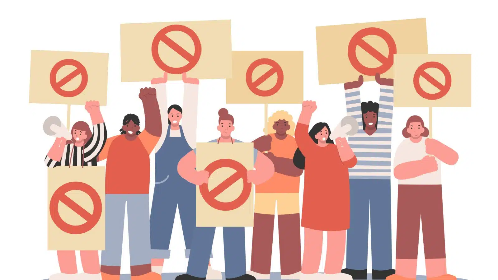 Illustration of a crowd holding signs with only a "no" sign on them to represent messed up things society normalizes.