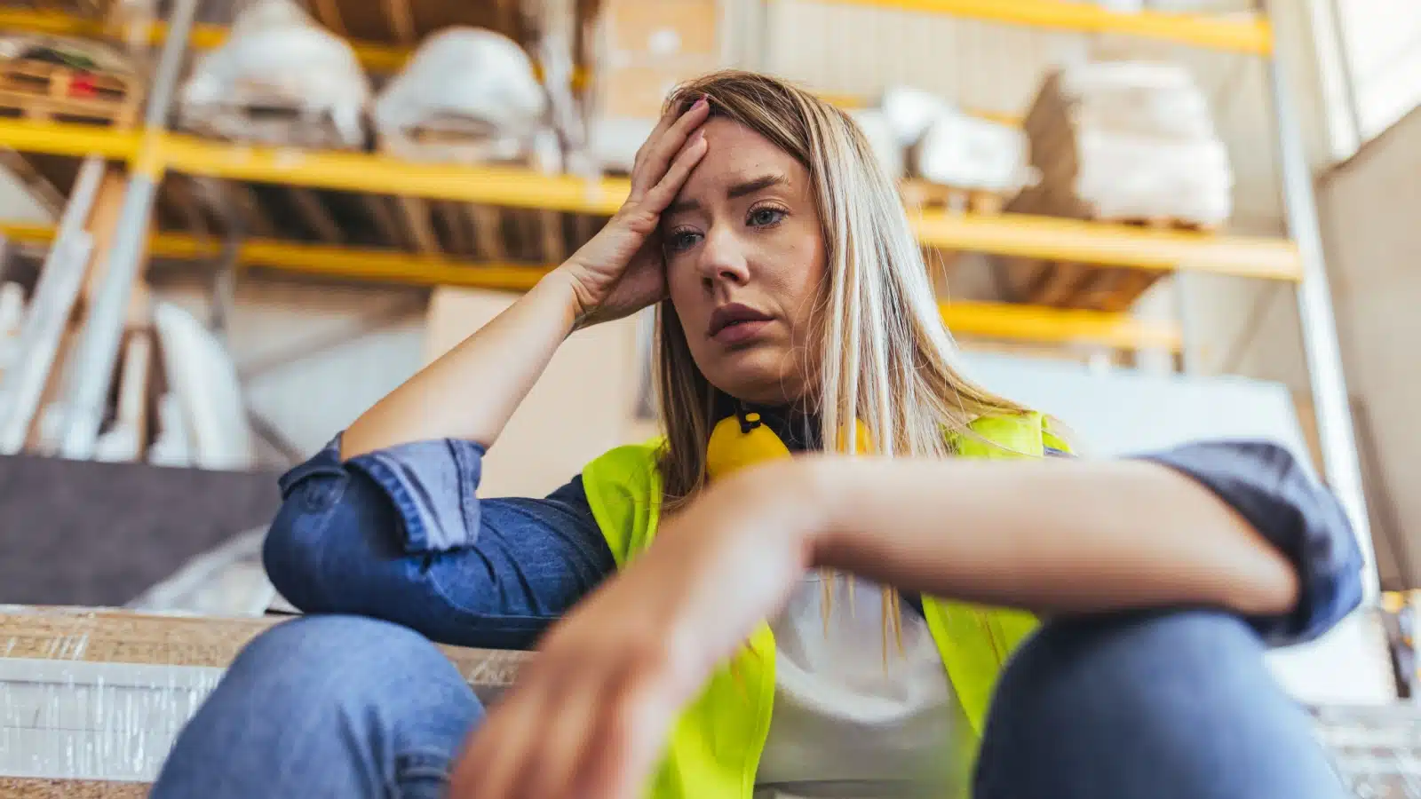A tired, stressed female warehouse worker sits with her hand on her head.
