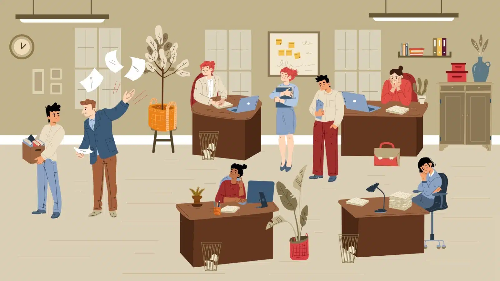 A graphic showcasing an uncomfortable workplace where someone is getting fired to represent society's double standards.