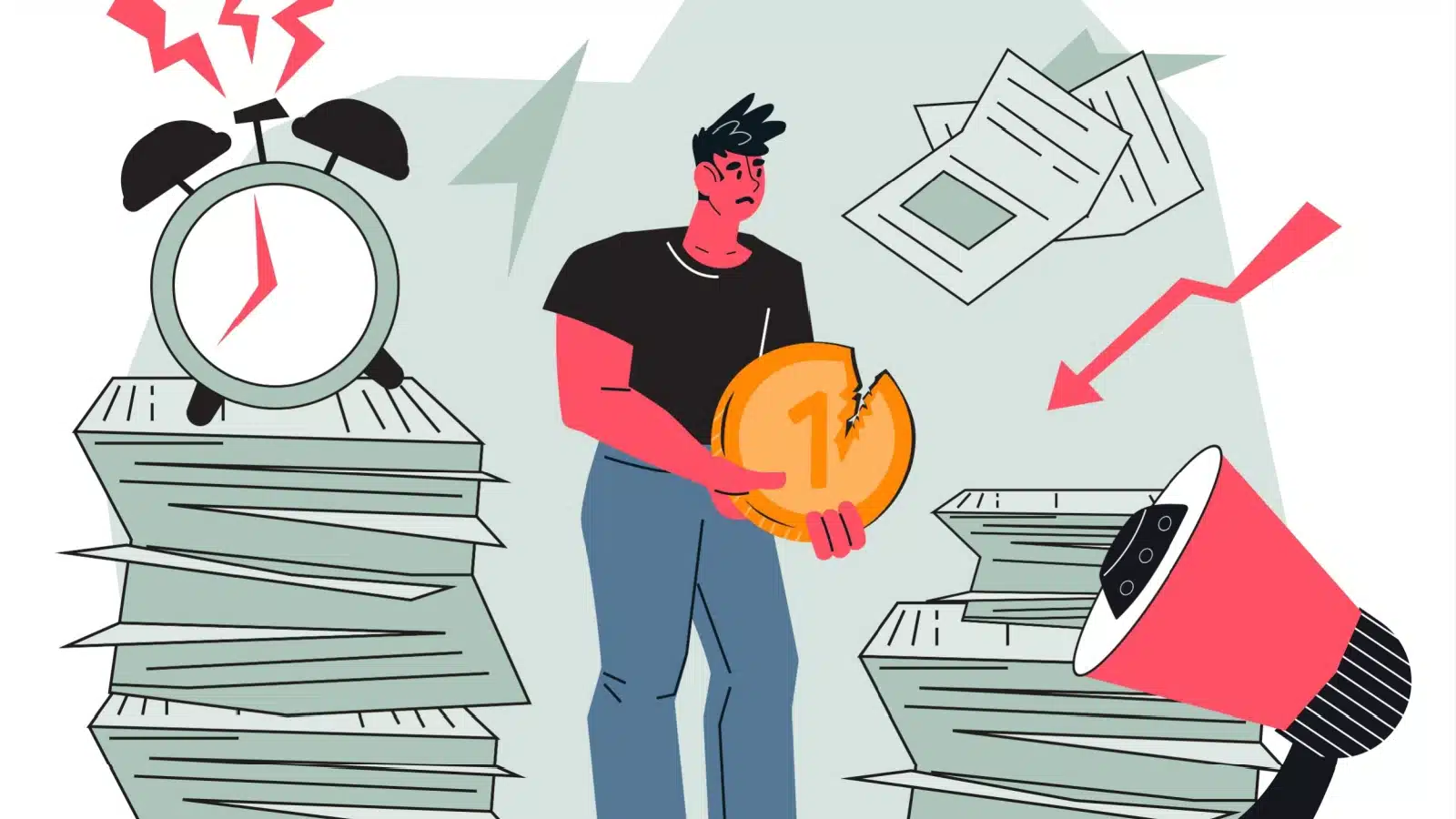 An illustration representing American work culture. A sad, stressed man holds a broken coin that represents low pay while surrounded by a never ending pile of work and deadlines.