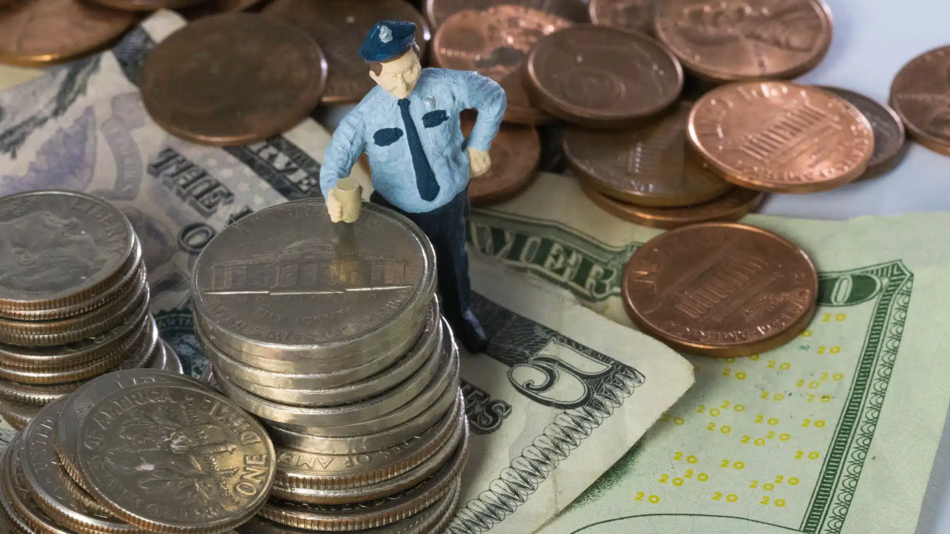 Miniature figure of a police officer standing with a pile of money. 