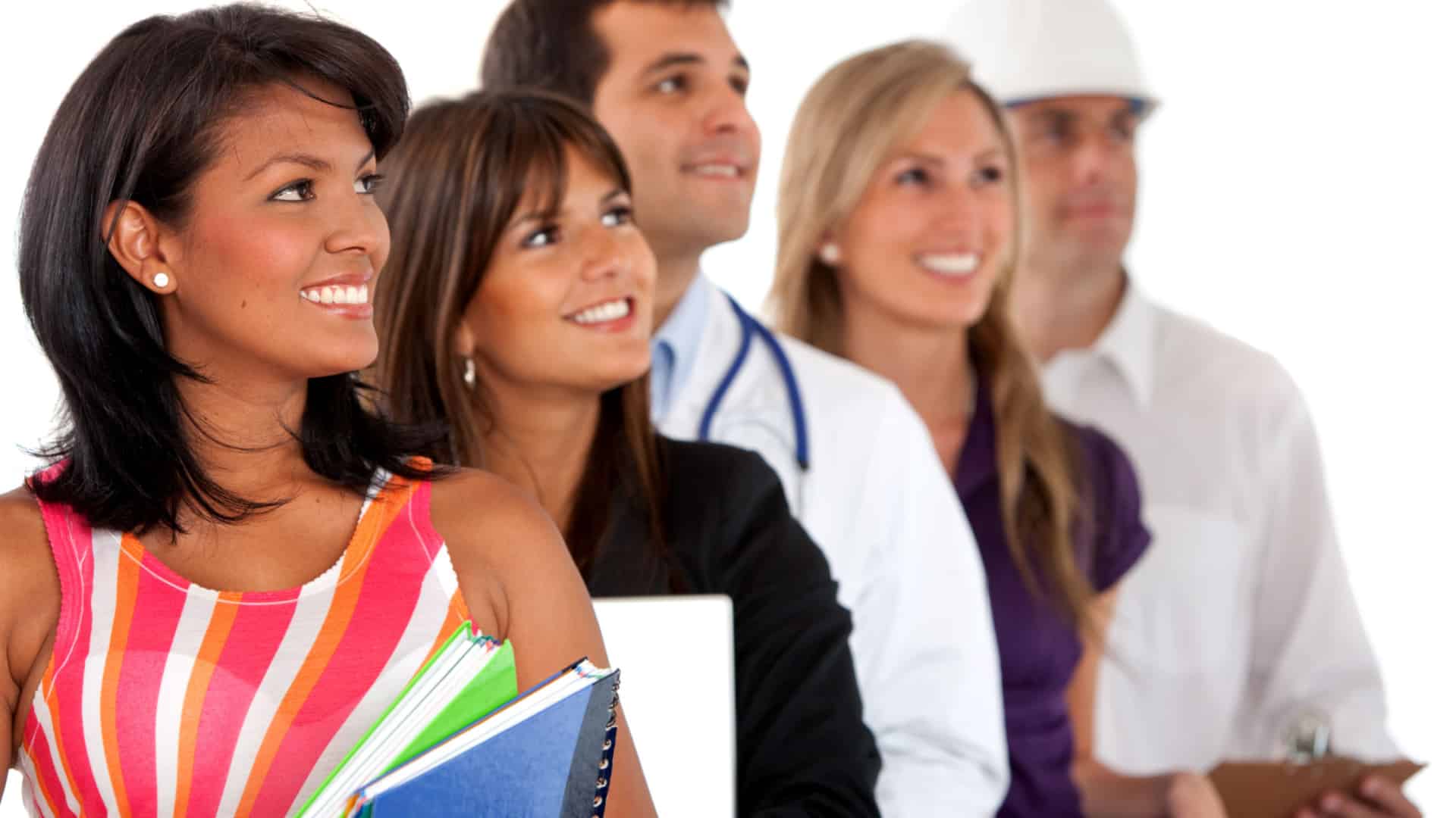 Line of people smiling and looking to the side dressed in clothes representing different jobs.