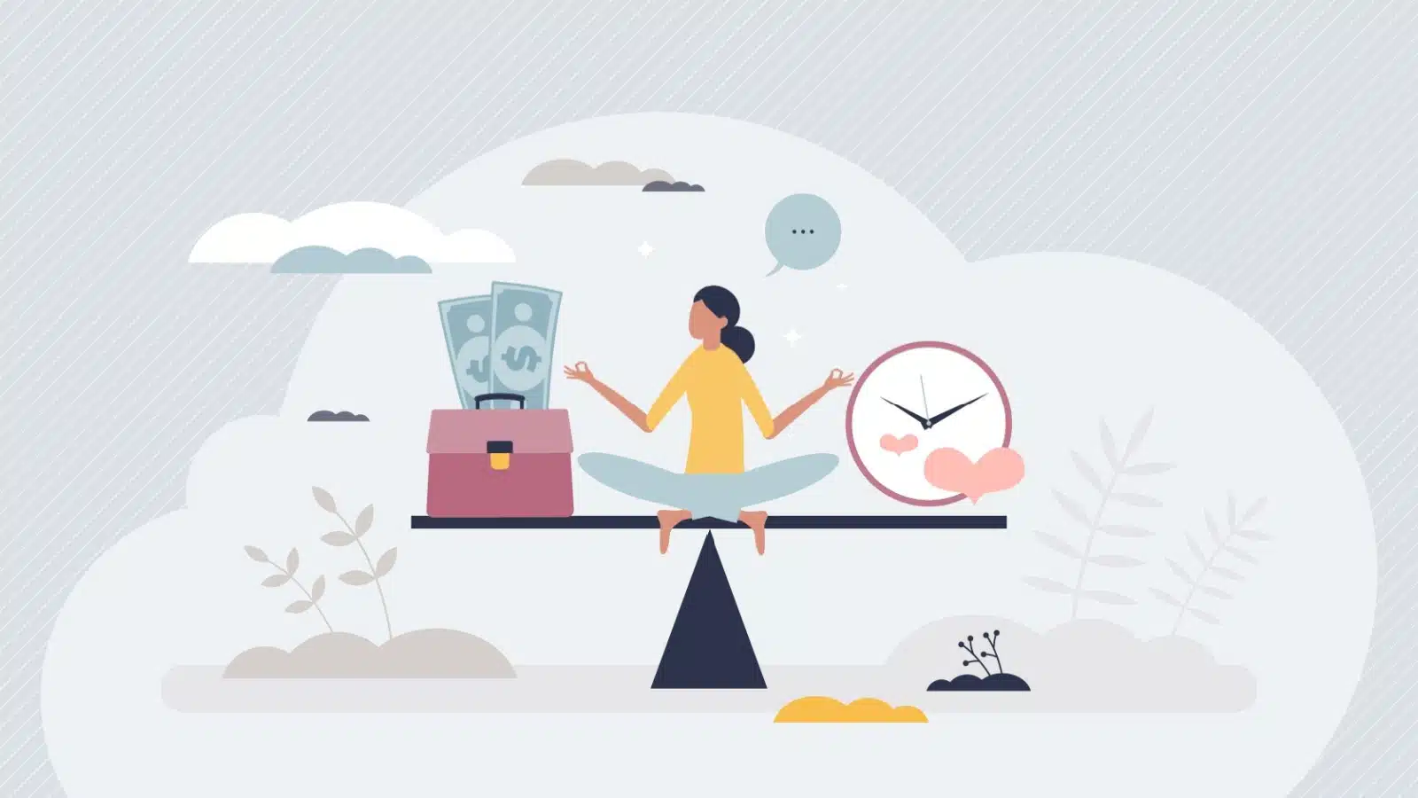 An illustration that represents work life balance. A woman sits meditating in the center of a balance beam. A briefcase with money sits at one edge, while a clock with a heart rests at the other. The scale is balanced.