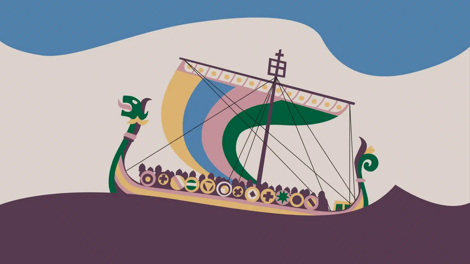 Colorful illustration of a Viking ship in a stormy sea to represent the rich Nordic culture.