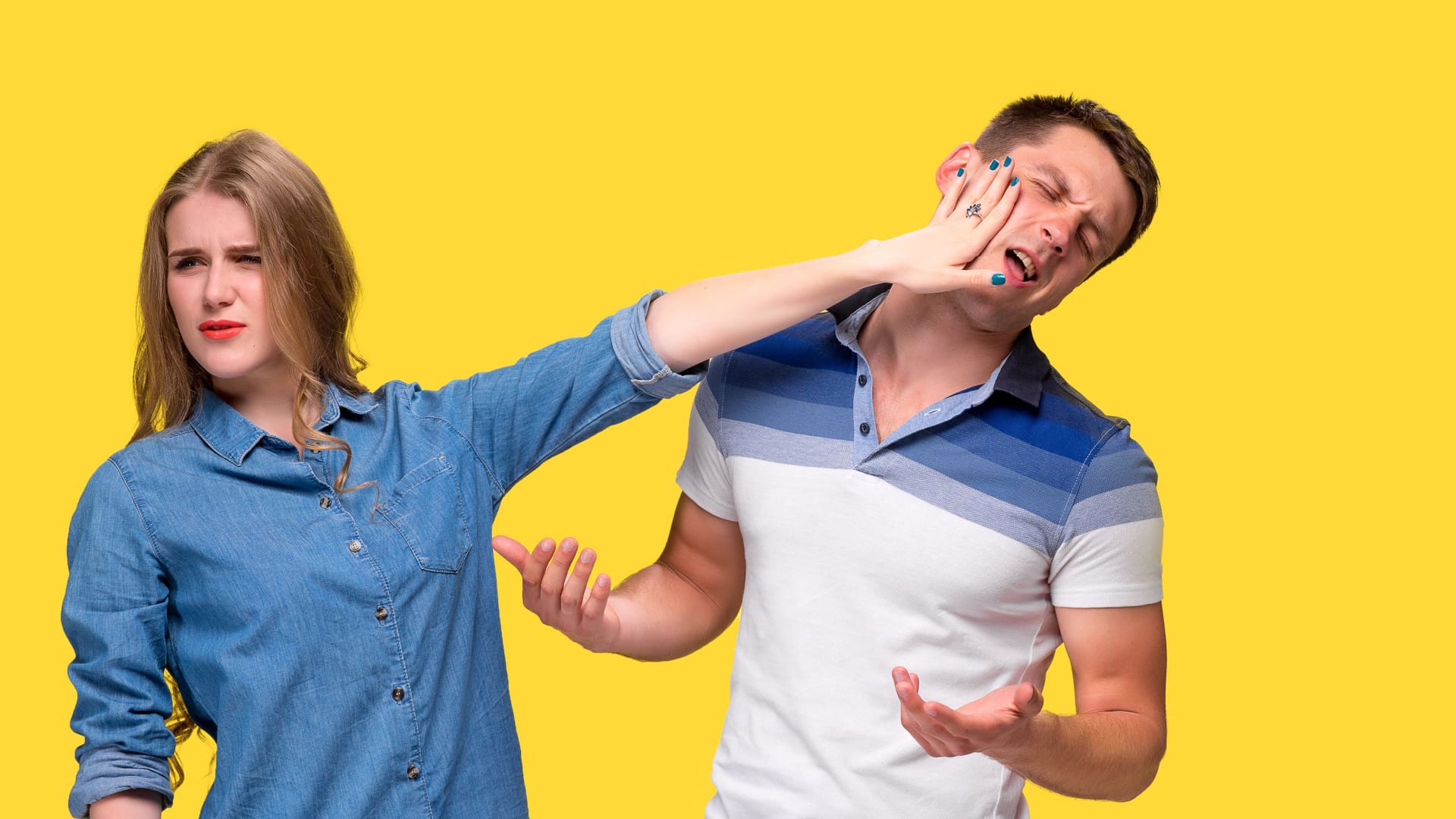 Woman pushing away an annoying man and turning from him.