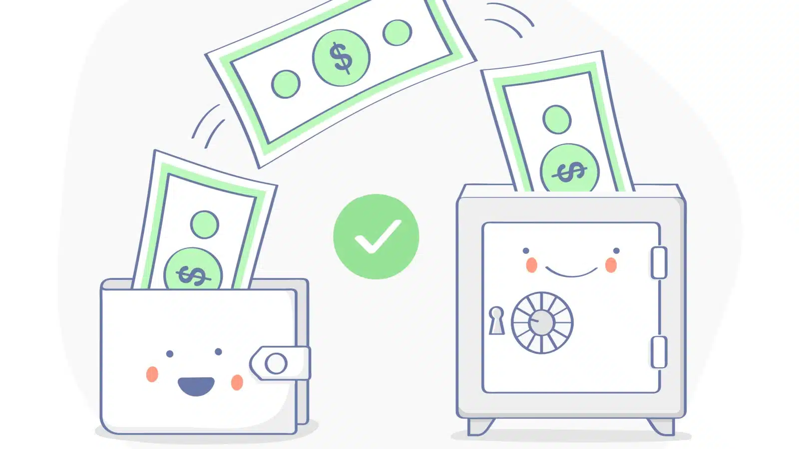 A cute illustration showing a money transfer from a wallet to a safe, representing an automatic transfer to a savings account.