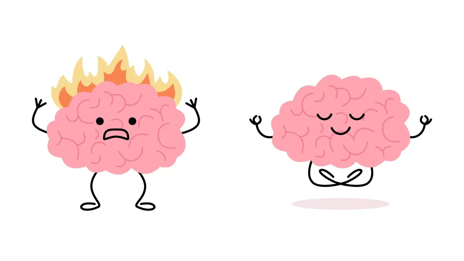 Illustration of two cute brains. One is on fire, the other is meditating to relieve stress.