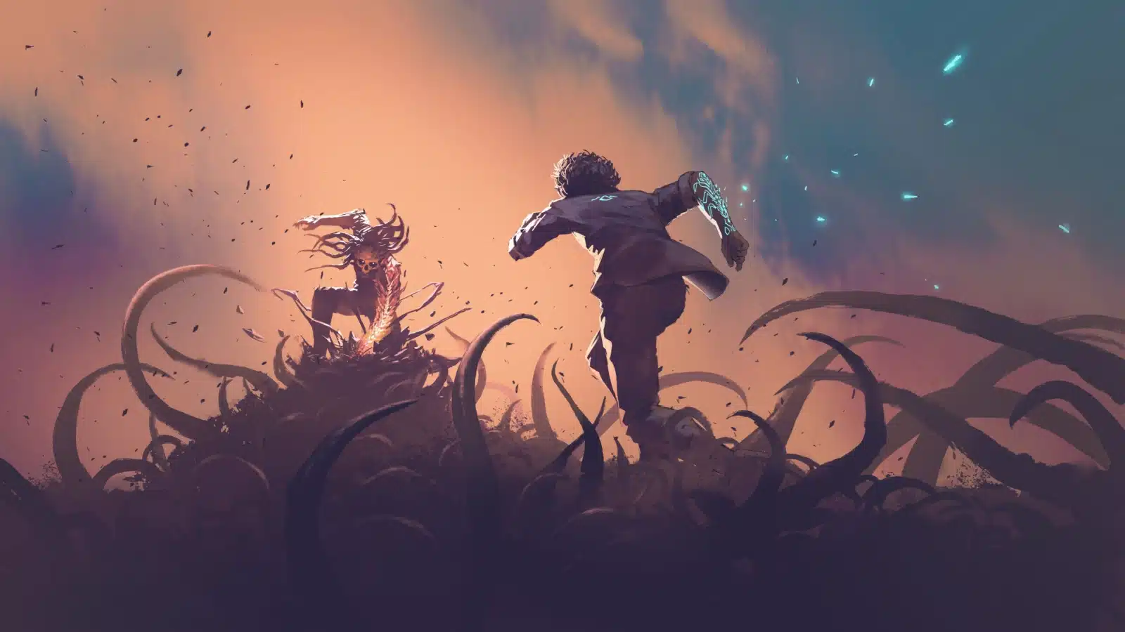 Digital illustration showcasing the climax of a fantasy story, where the hero runs to confront the villain.