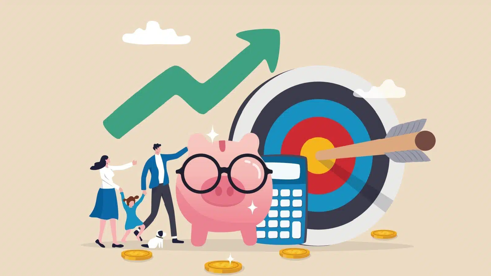 An illustration representing financial goals. A happy final looks towards a piggy bank, calculator, and giant target with an arrow in the center.