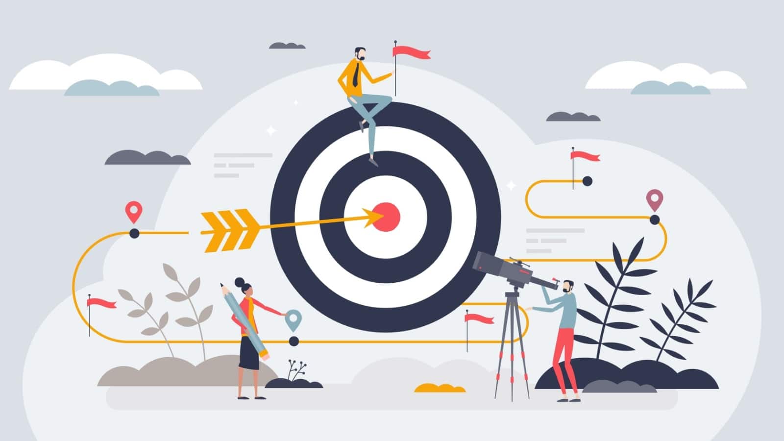 An illustration that represents setting and achieving your goals. A giant target with an arrow in the middle is the center of the illustration, it's surrounded by people working to achieve it.