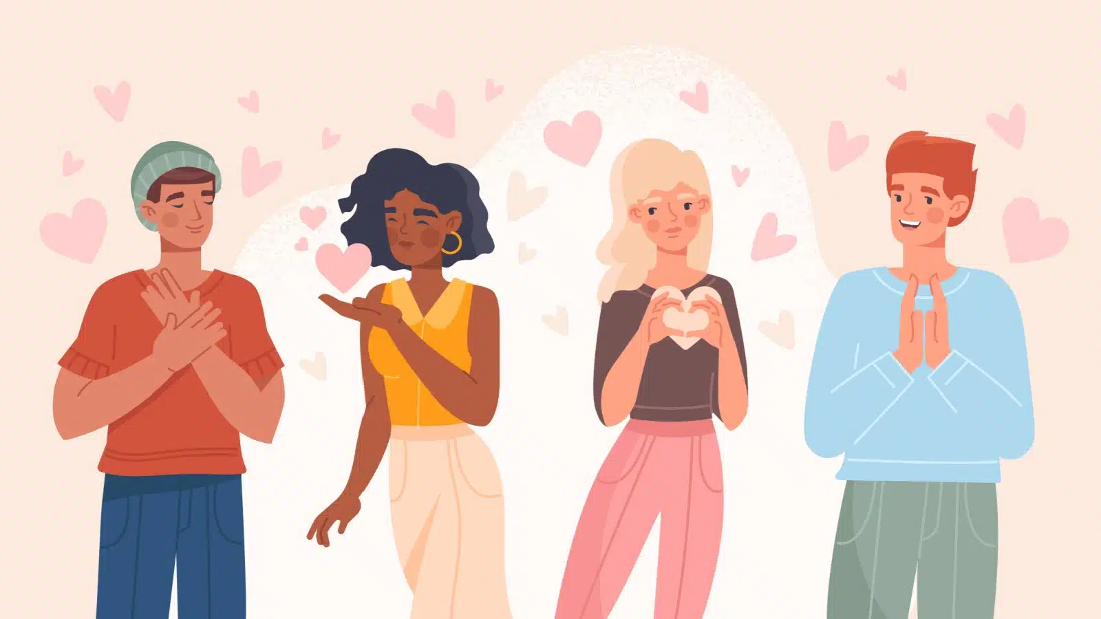 Illustration of four people surrounded by hearts, representing gratitude.