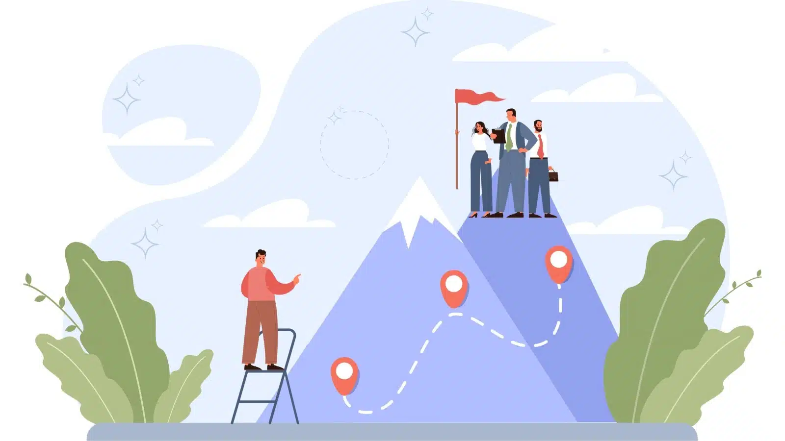 Illustration of a man on a ladder, looking up towards the people who have climbed the mountain, to represent growth, challenge, and opportunity.