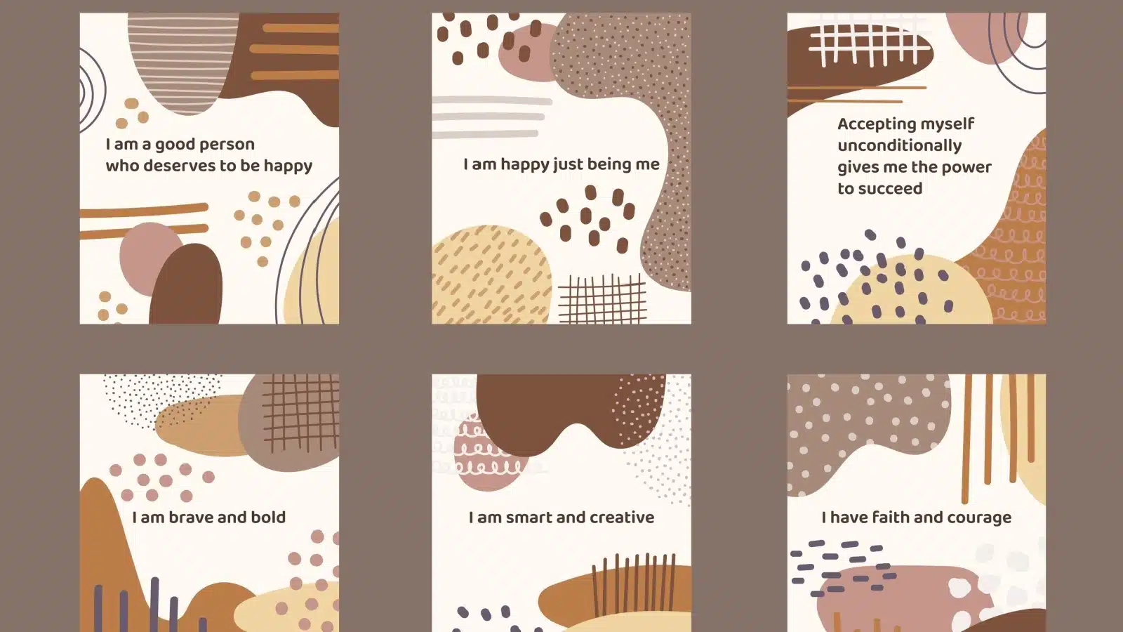 A collection of six cards showing positive affirmations you can set.