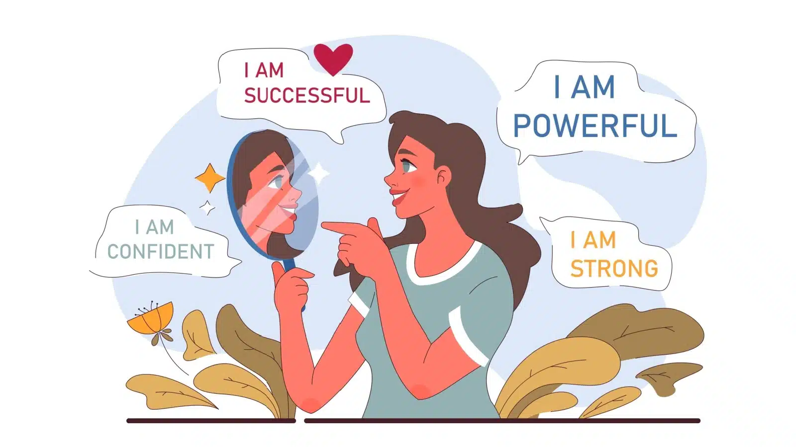 Illustration of a woman repeating positive affirmations in a hand mirror.