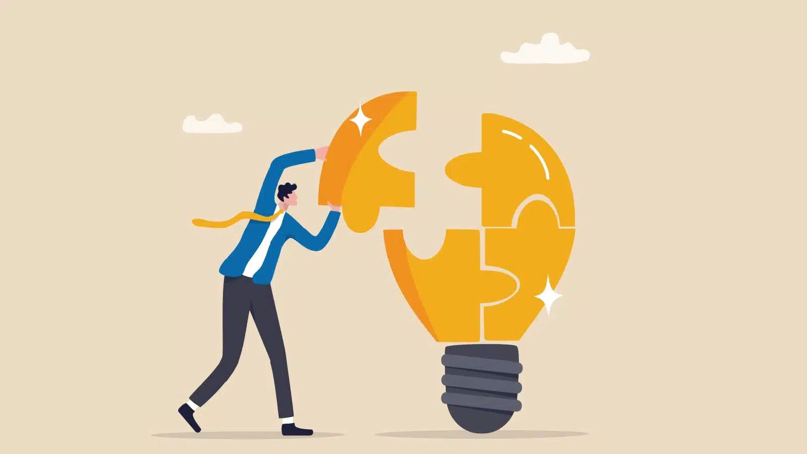 Illustration representing a resolution to a problem. A man places a missing piece into a light bulb.