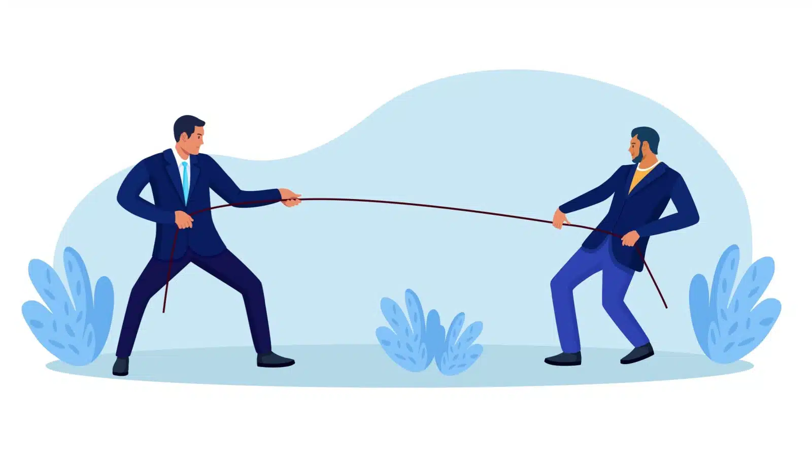 Illustration of businessmen playing tug of war to represent how rising action builds tension.